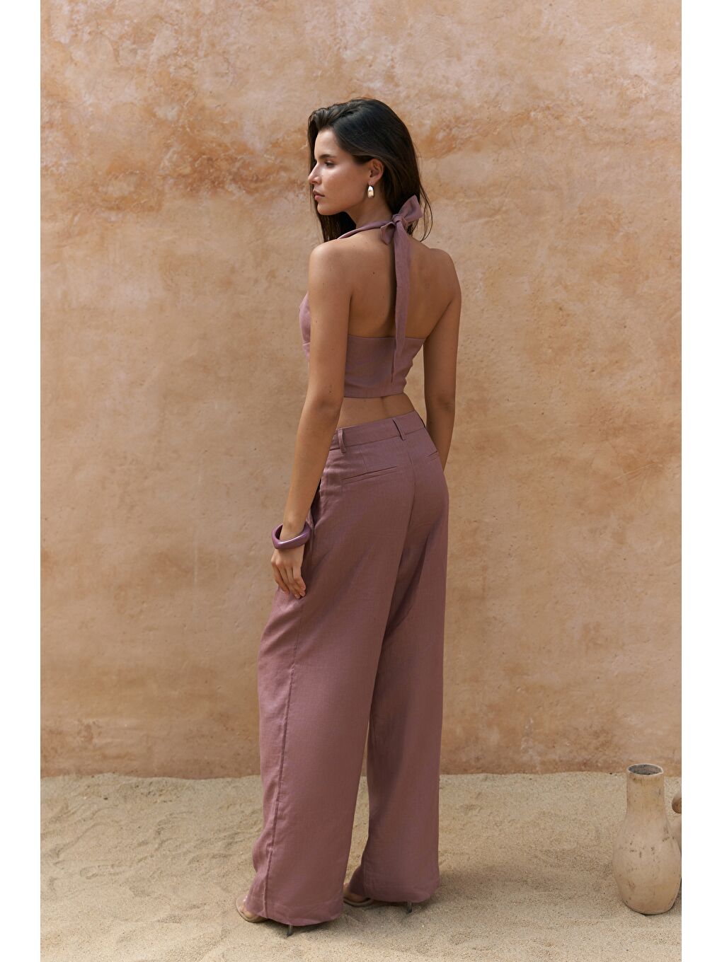 Lvdovila Açık Bordo Keten Crop Yelek Pantolon Takım-4