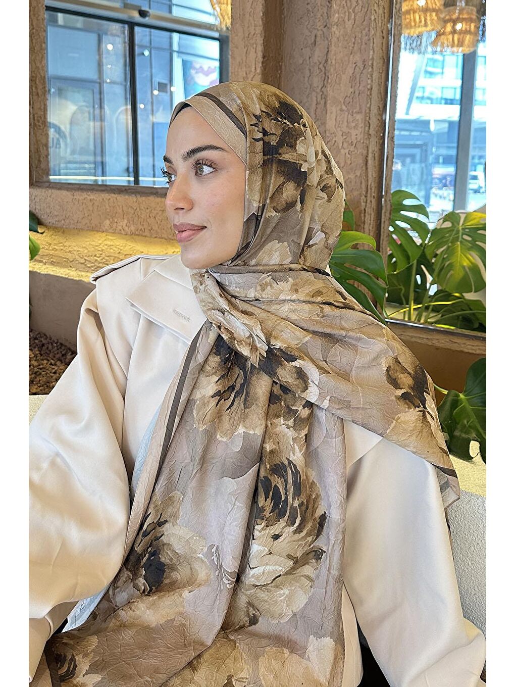 Kahverengi Flower Desen Bambu Şal Camel-3