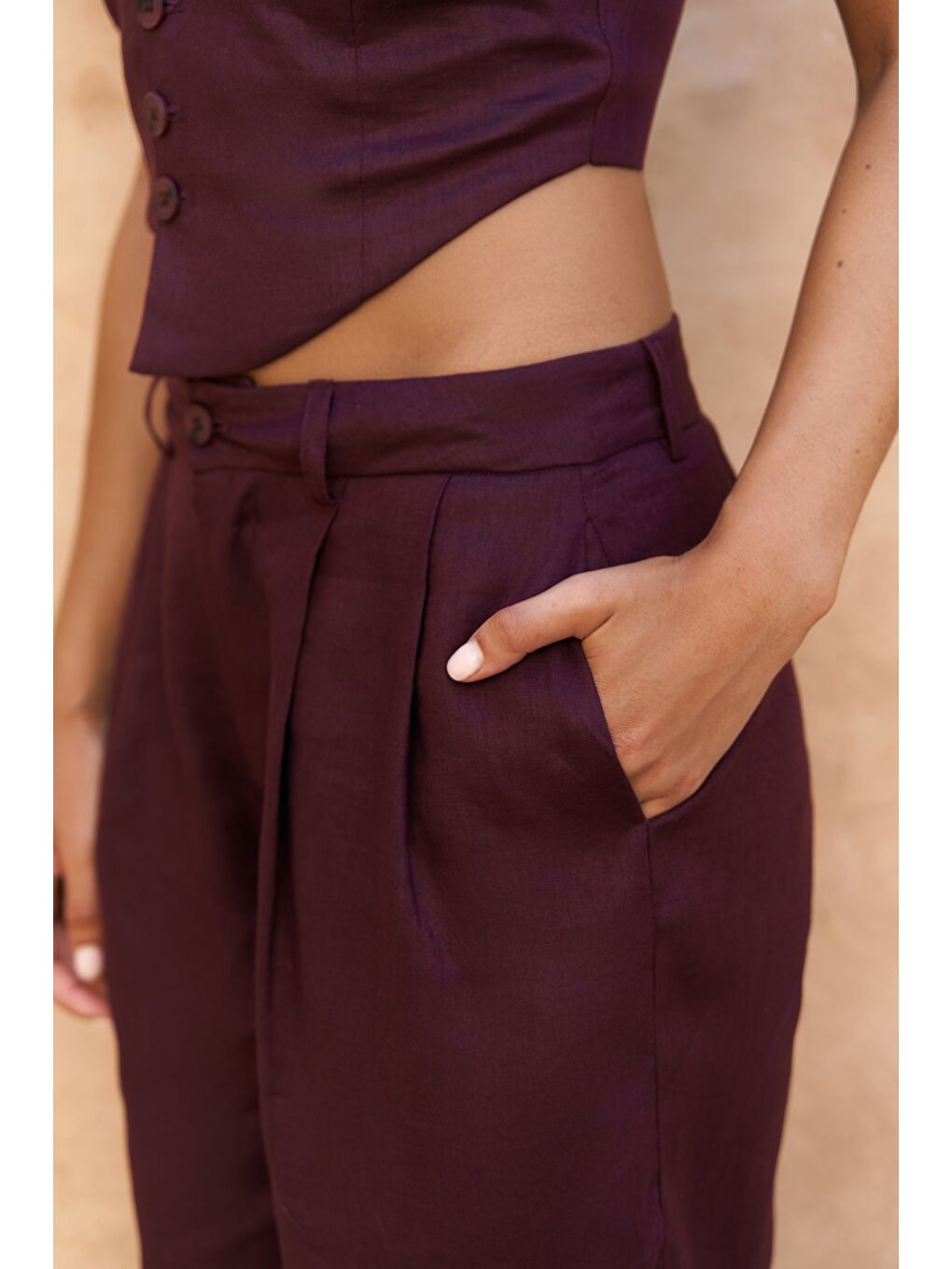 Lvdovila Bordo Keten Crop Yelek Pantolon Takım-7