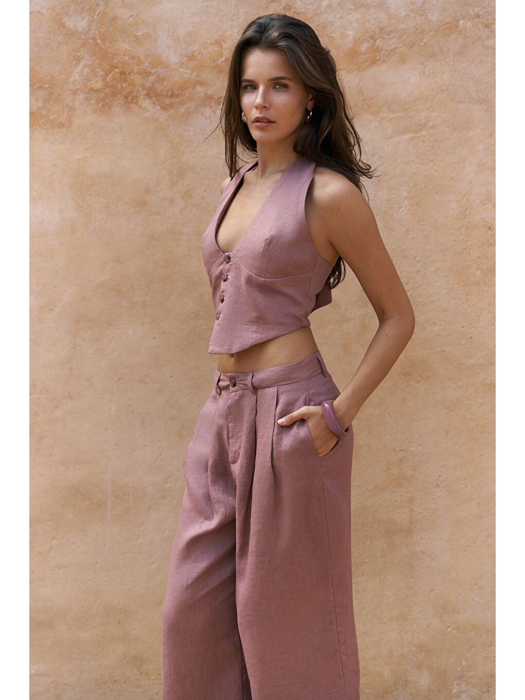 Lvdovila Açık Bordo Keten Crop Yelek Pantolon Takım-5