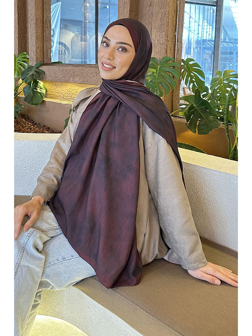 Bulut Desen Bambu Şal Koyu Bordo-1