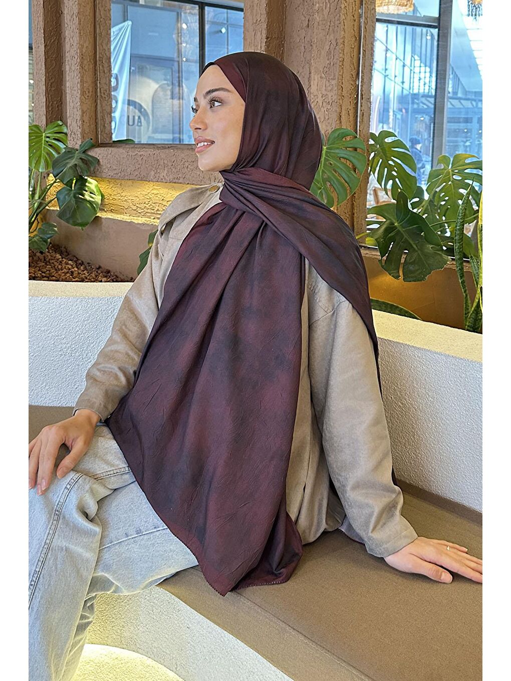 Bulut Desen Bambu Şal Koyu Bordo-2