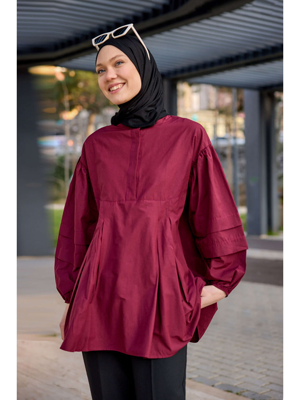 Kadın Balon Kol Pile Detaylı Tunik  Bordo-1