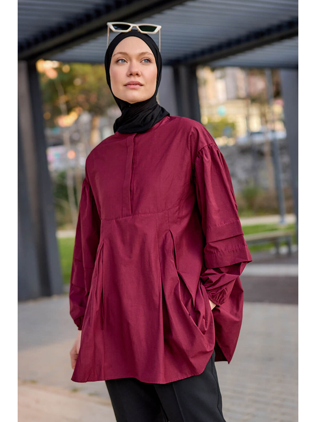Kadın Balon Kol Pile Detaylı Tunik  Bordo-2