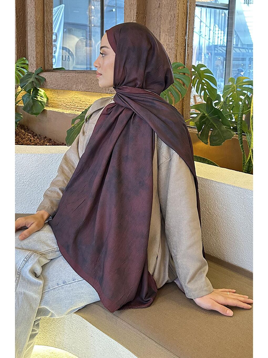 Bulut Desen Bambu Şal Koyu Bordo-3