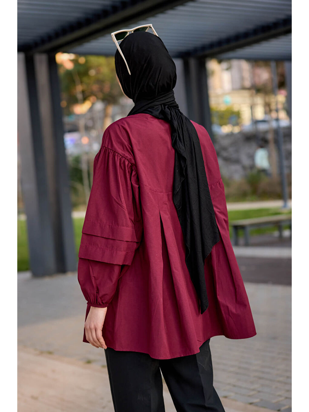 Kadın Balon Kol Pile Detaylı Tunik  Bordo-3