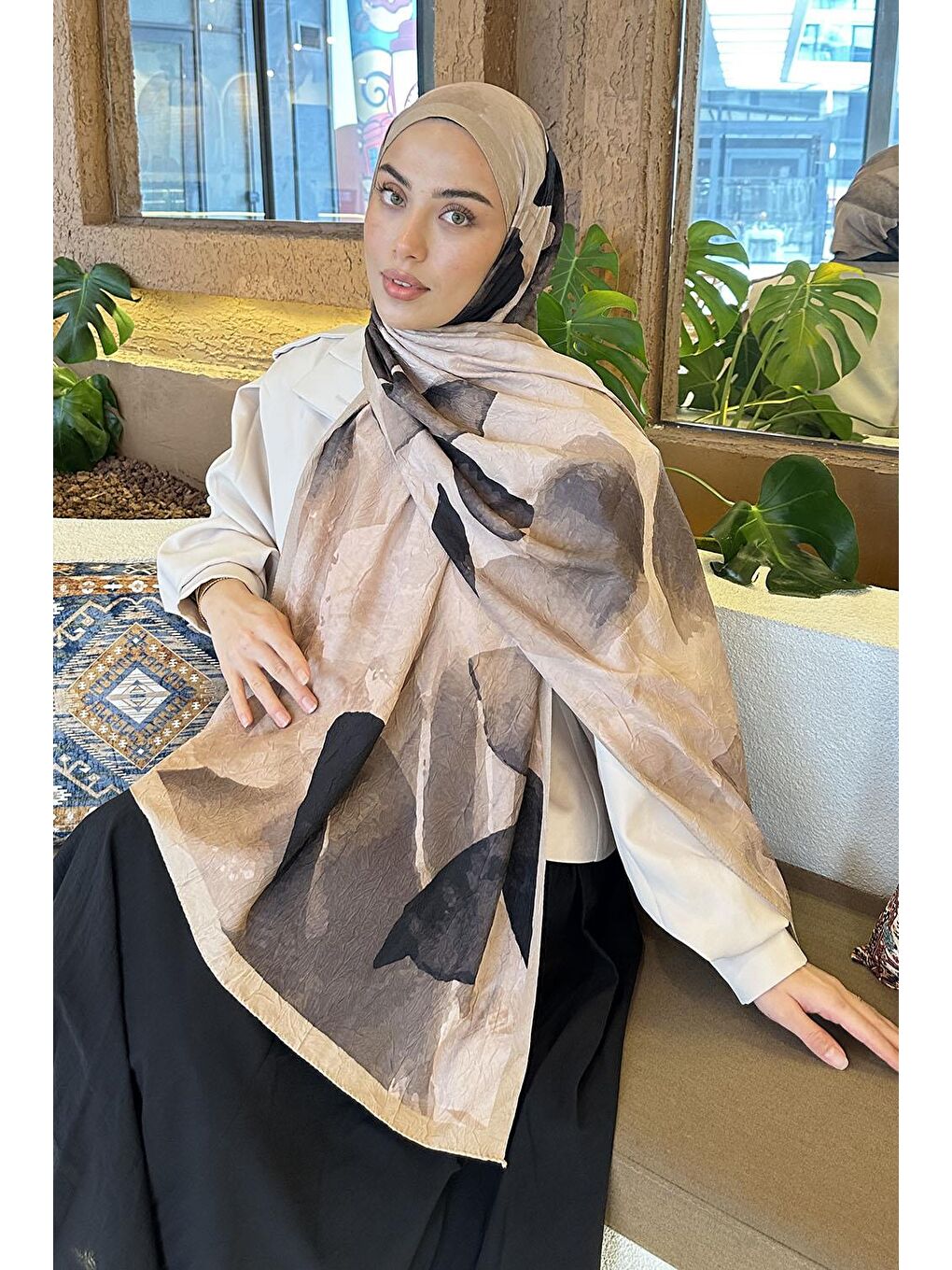 Kahverengi Yaprak Desen Bambu Şal Camel