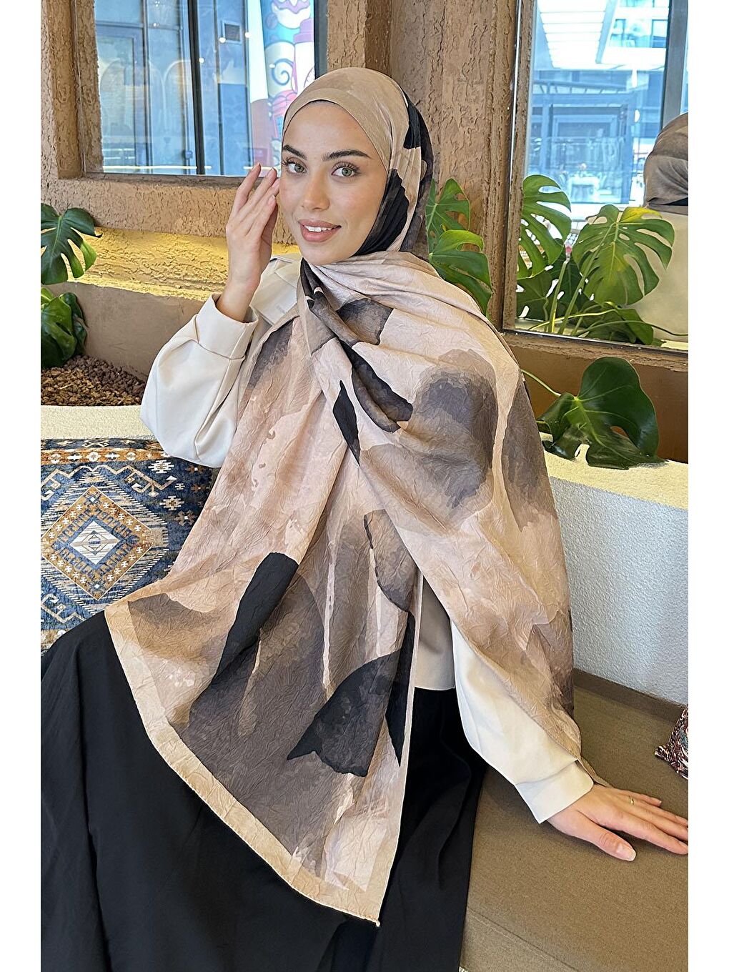 Kahverengi Yaprak Desen Bambu Şal Camel-1