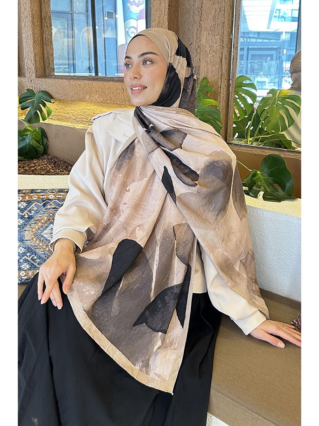 Kahverengi Yaprak Desen Bambu Şal Camel-2