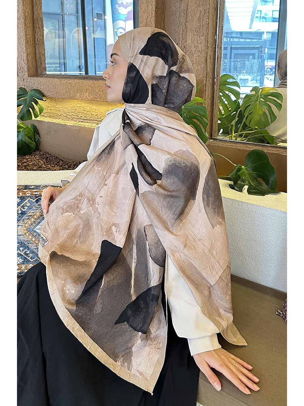 Kahverengi Yaprak Desen Bambu Şal Camel-3