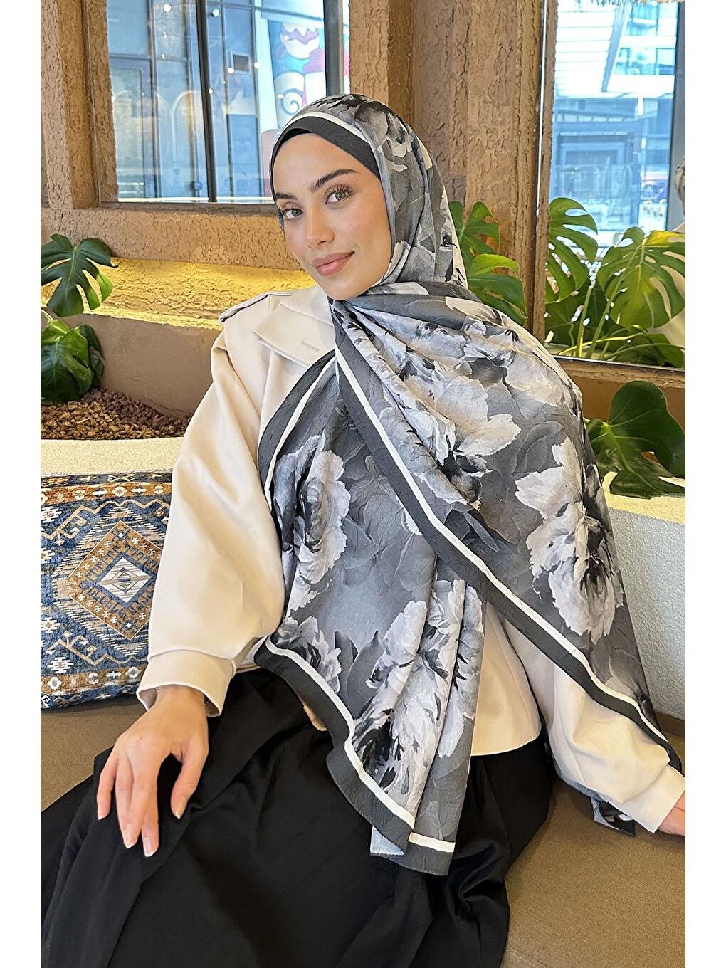 Flower Desen Bambu Şal Antrasit