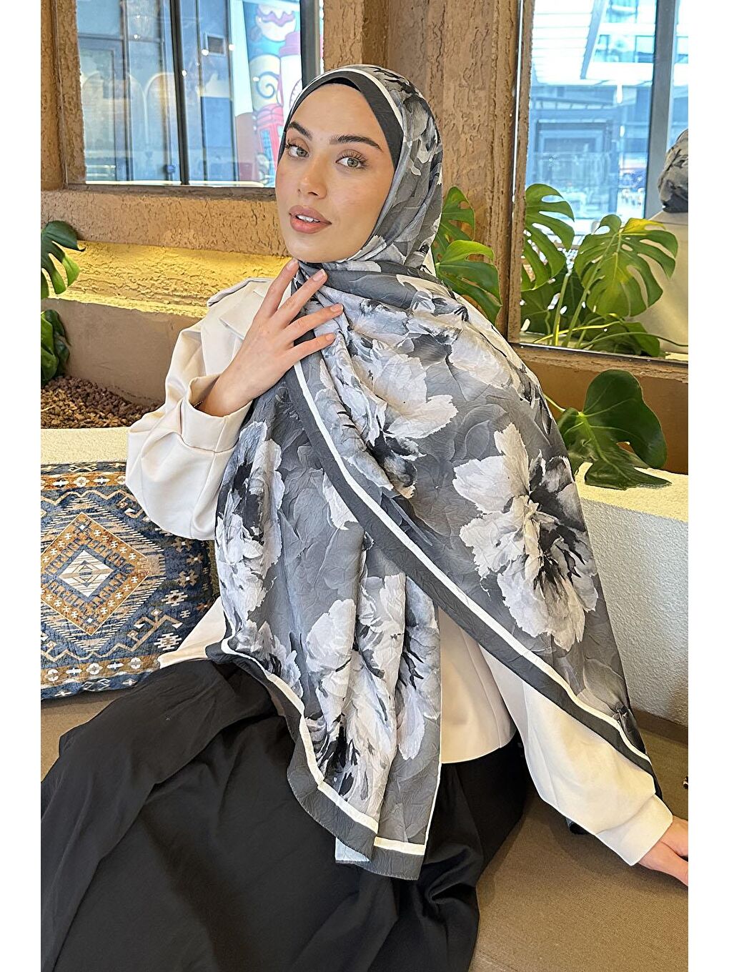 Flower Desen Bambu Şal Antrasit-1