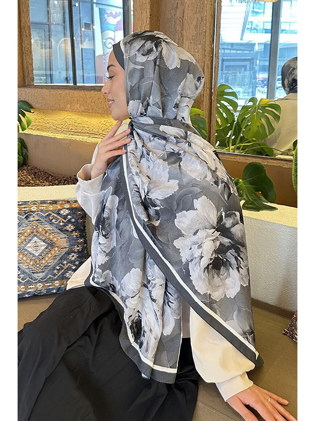 Flower Desen Bambu Şal Antrasit-3