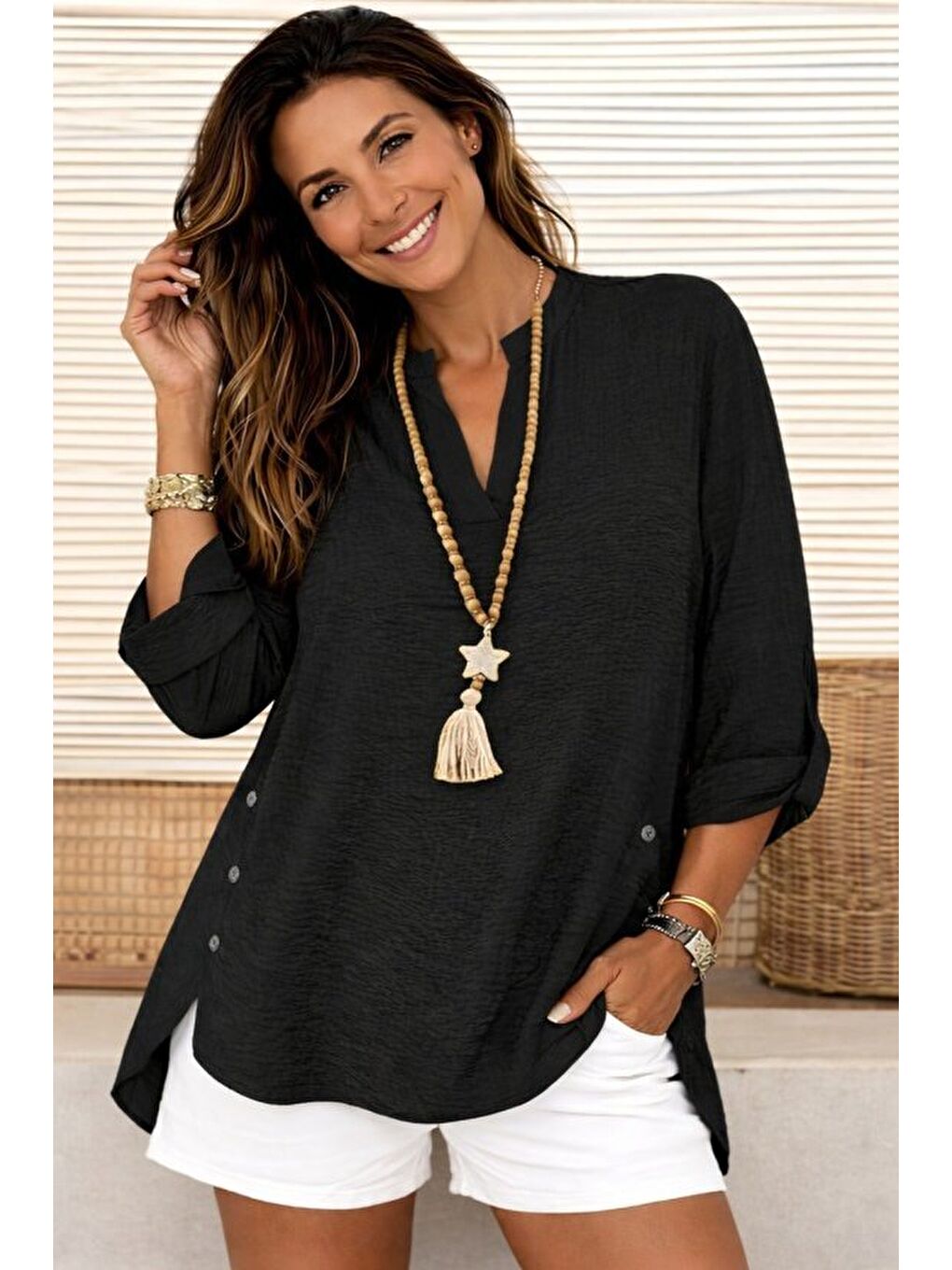 Siyah Kadın Truvakar Kol Hakim Yakalı Yandan Düğme Detaylı Aerobin Bluz-1