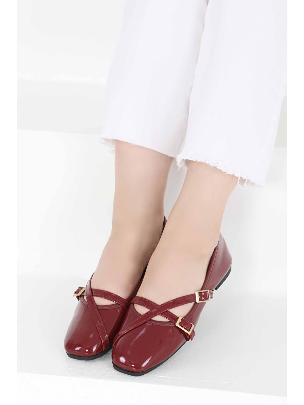 Kadın Bordo Çapraz Rugan Babet - 27398-1