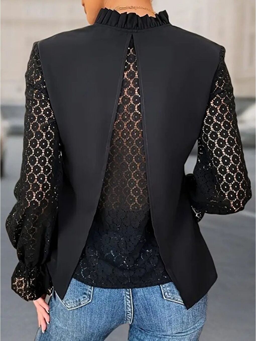 Siyah Kadın Uzun Kollu V Fırfır Yakalı Arkası çapraz Detaylı Ithal Krep Bluz-3