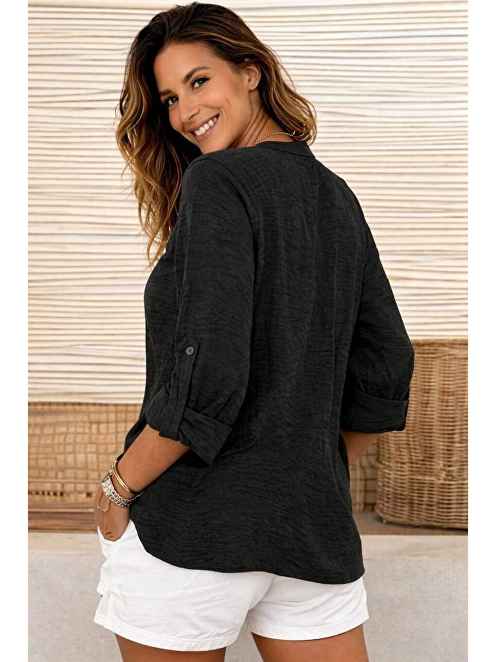 Siyah Kadın Truvakar Kol Hakim Yakalı Yandan Düğme Detaylı Aerobin Bluz-2