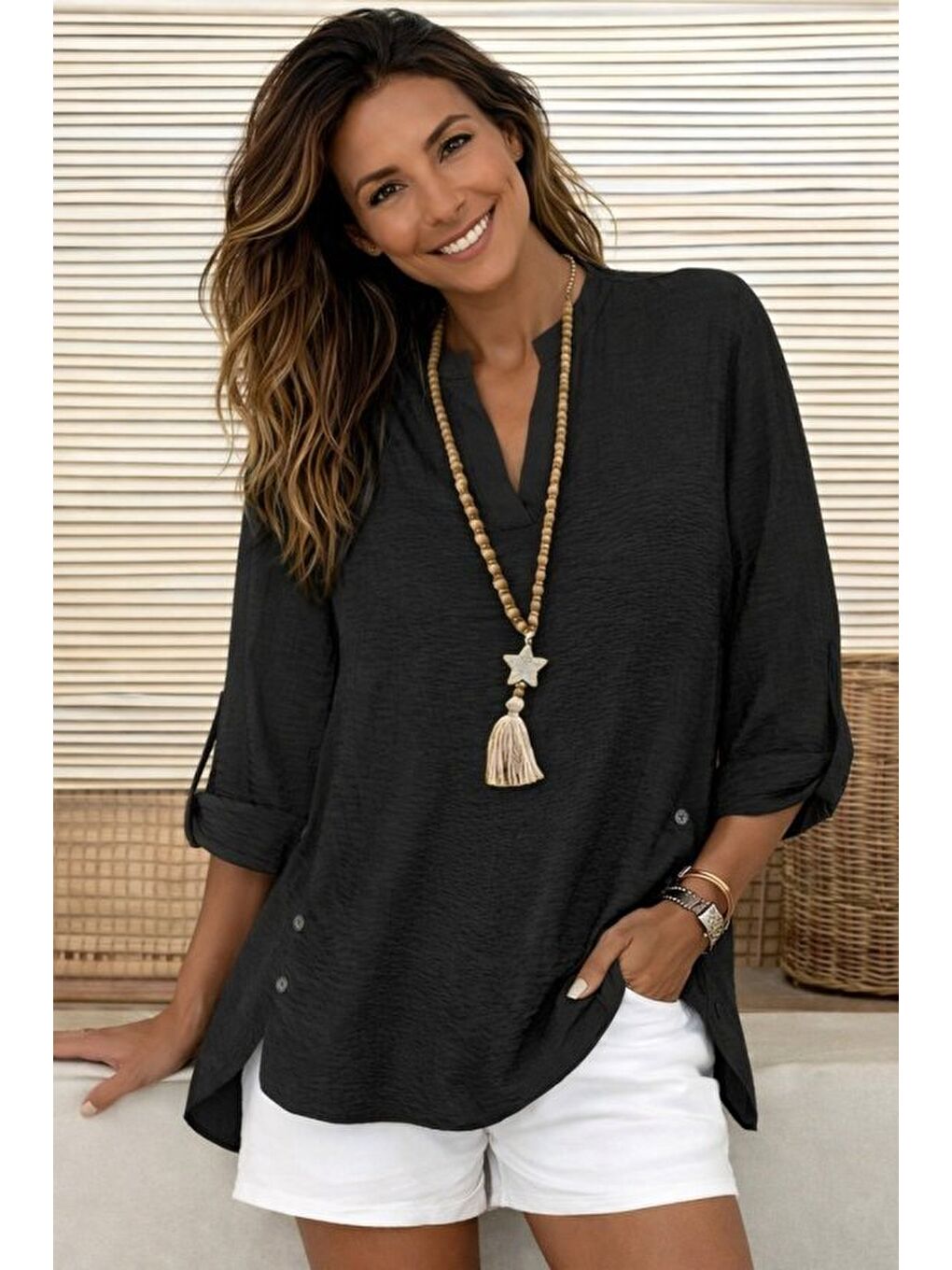 Siyah Kadın Truvakar Kol Hakim Yakalı Yandan Düğme Detaylı Aerobin Bluz-3