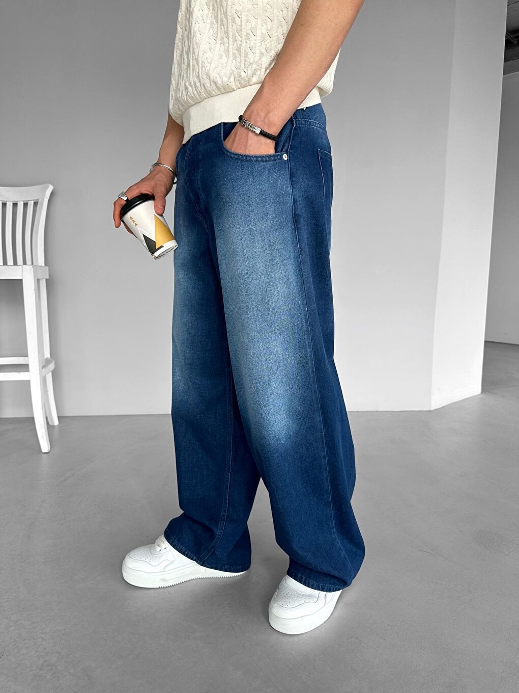 Extra Baggy Fit Yıkamalı Jean Pantolon Lacivert-1