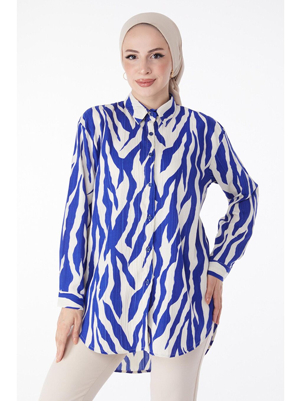 Gömlek Yaka Kadın Mavi Desenli Gömlek - 25051