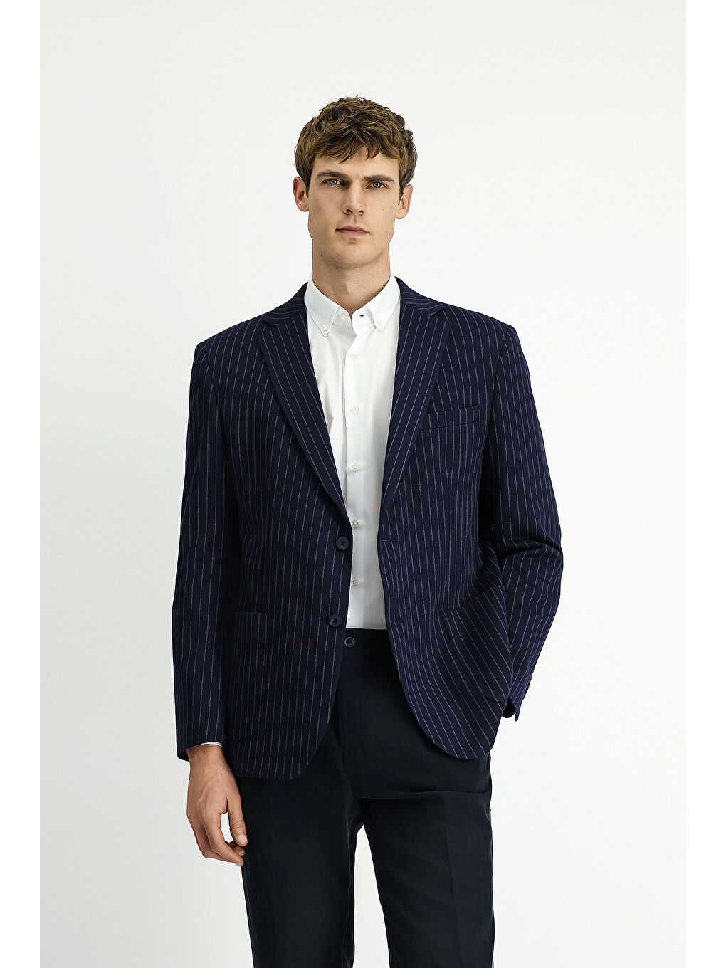 Lacivert Regular Fit Çizgili Örme Kruvaze Ceket