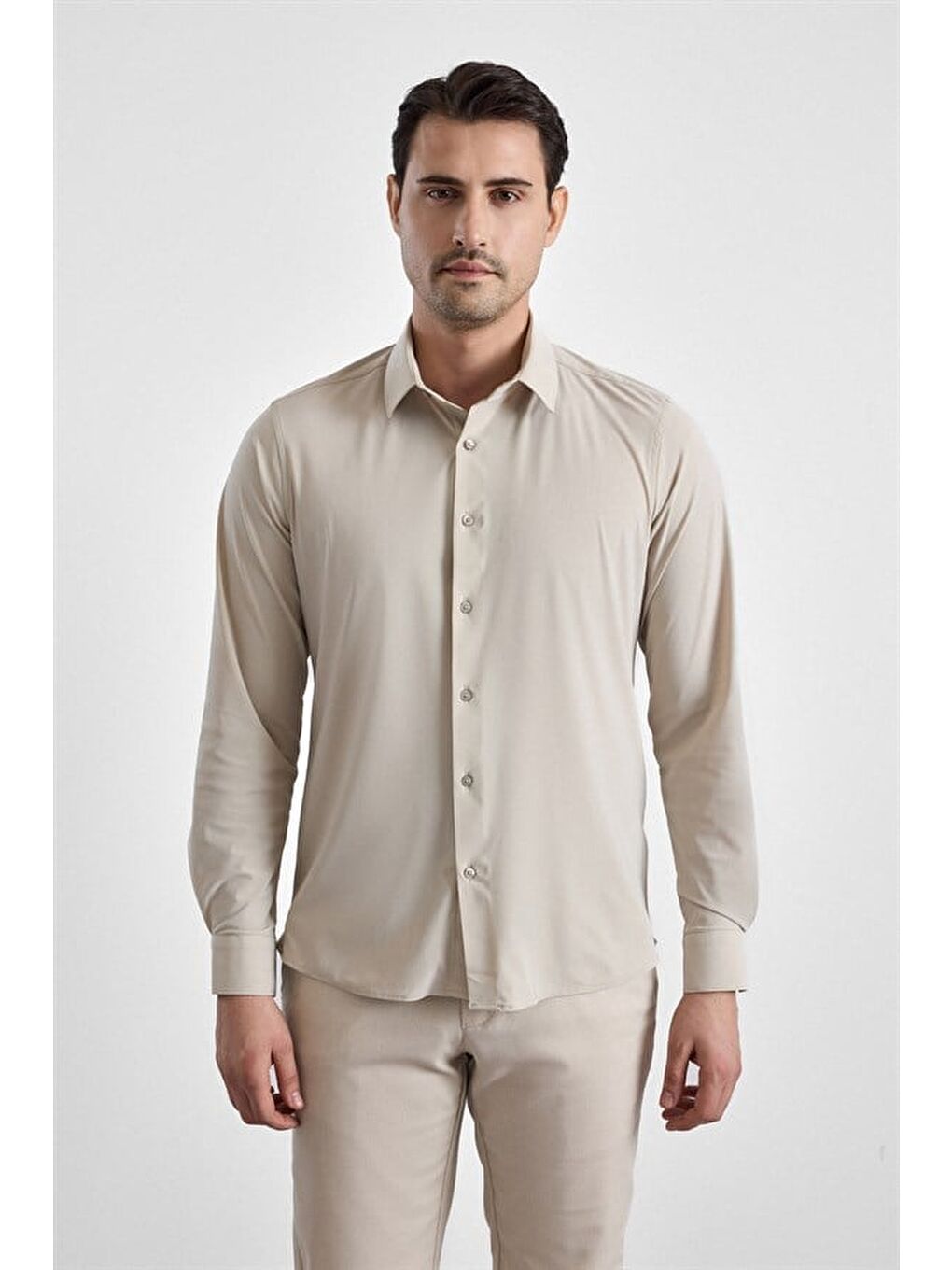 Ekru Slim Klasik Yaka Düz Casual Gömlek