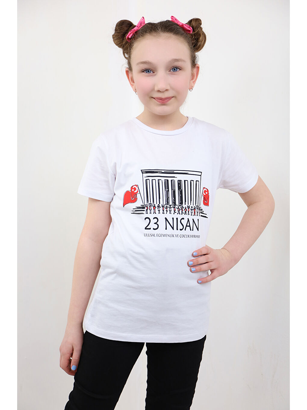 Beyaz Unisex Çocuk 23 Nisan Baskılı Tişört-1
