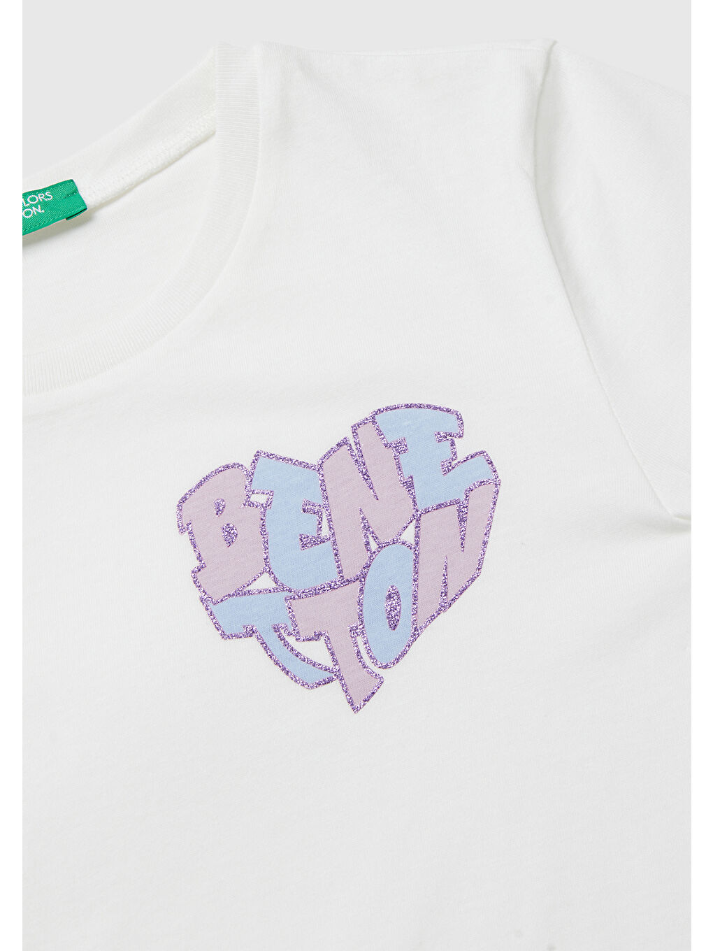 Kız Çocuk Ekru Parıltılı Logo Baskılı Ribana Yaka Regular Fit T-shirt-2