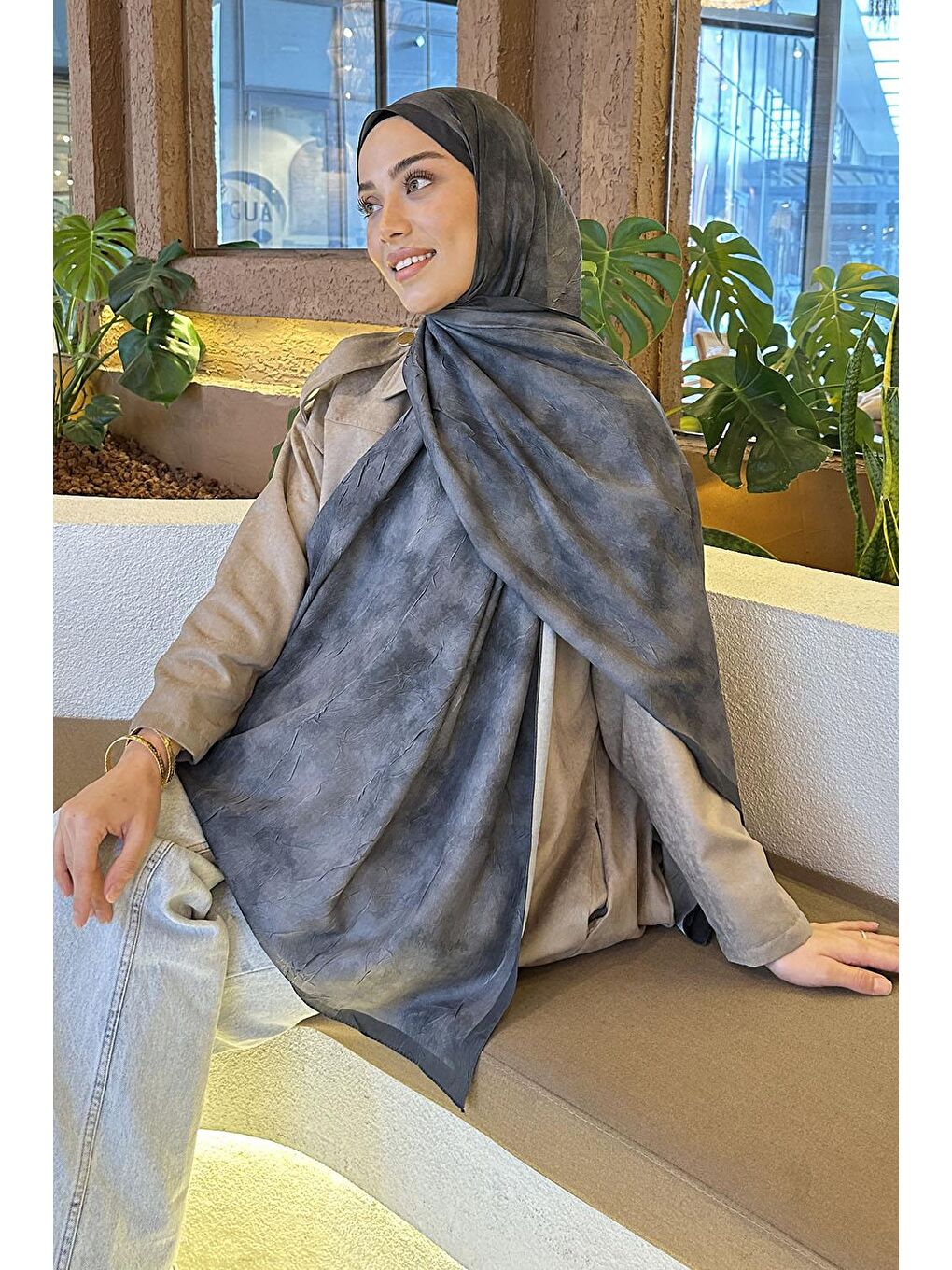 Bulut Desen Bambu Şal Antrasit-2