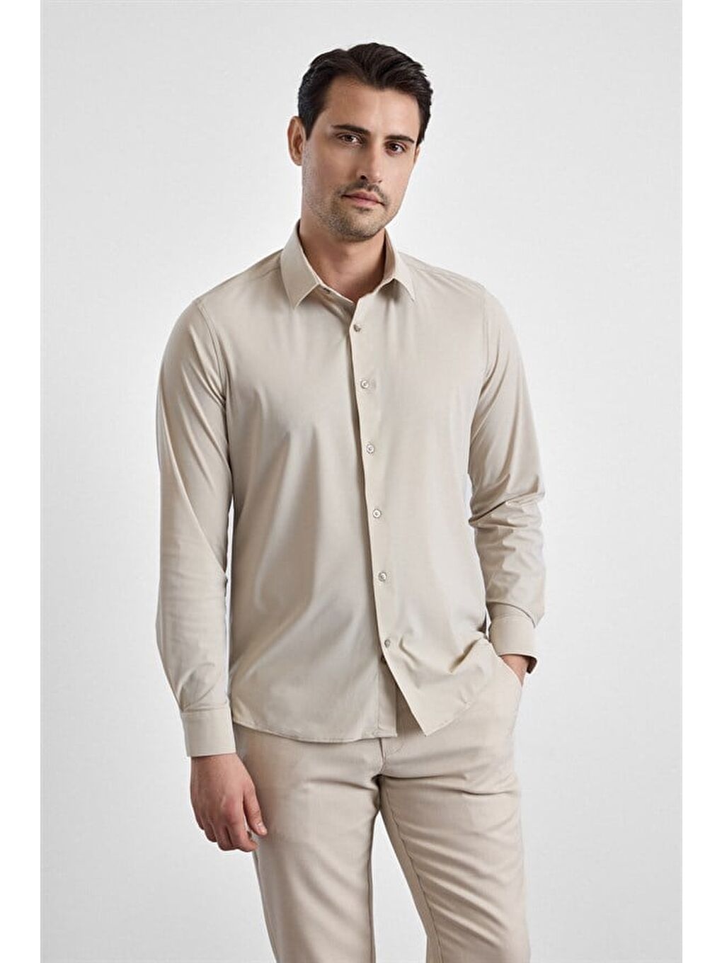 Ekru Slim Klasik Yaka Düz Casual Gömlek-1