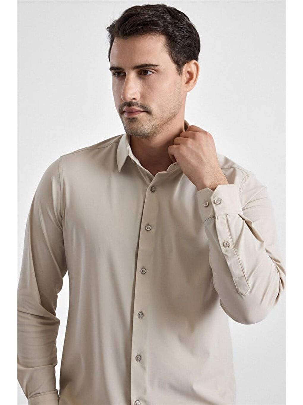 Ekru Slim Klasik Yaka Düz Casual Gömlek-2