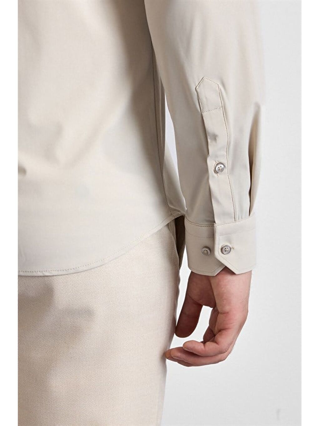 Ekru Slim Klasik Yaka Düz Casual Gömlek-3