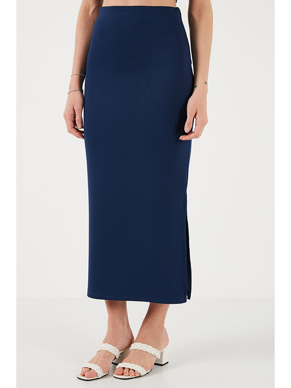 Lacivert Slim Fit Yırtmaç Detaylı Uzun Etekli Crop Kadın Takım 5866148-4