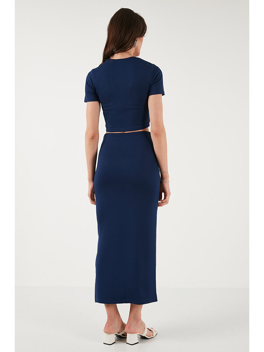 Lacivert Slim Fit Yırtmaç Detaylı Uzun Etekli Crop Kadın Takım 5866148-6