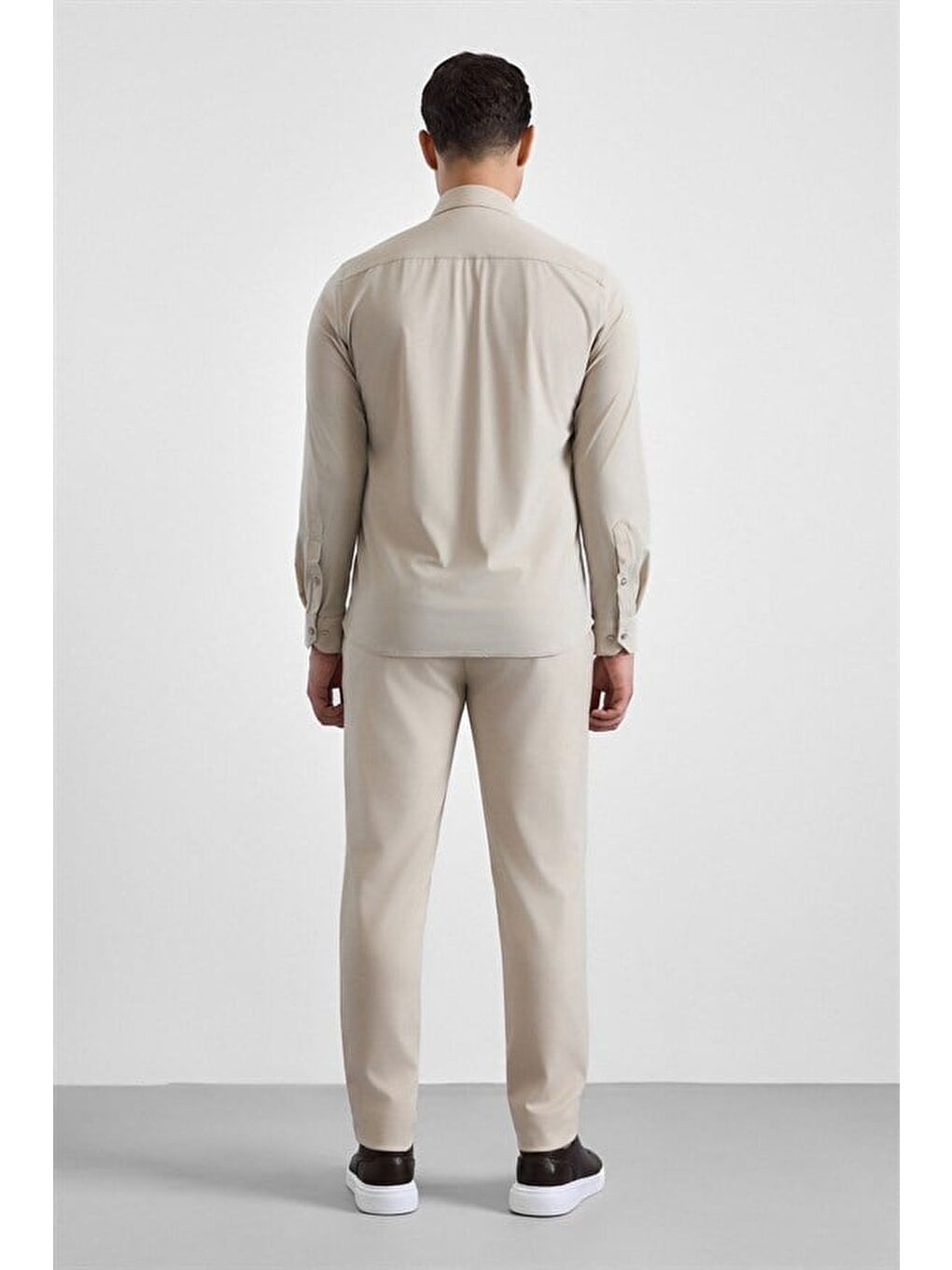 Ekru Slim Klasik Yaka Düz Casual Gömlek-4