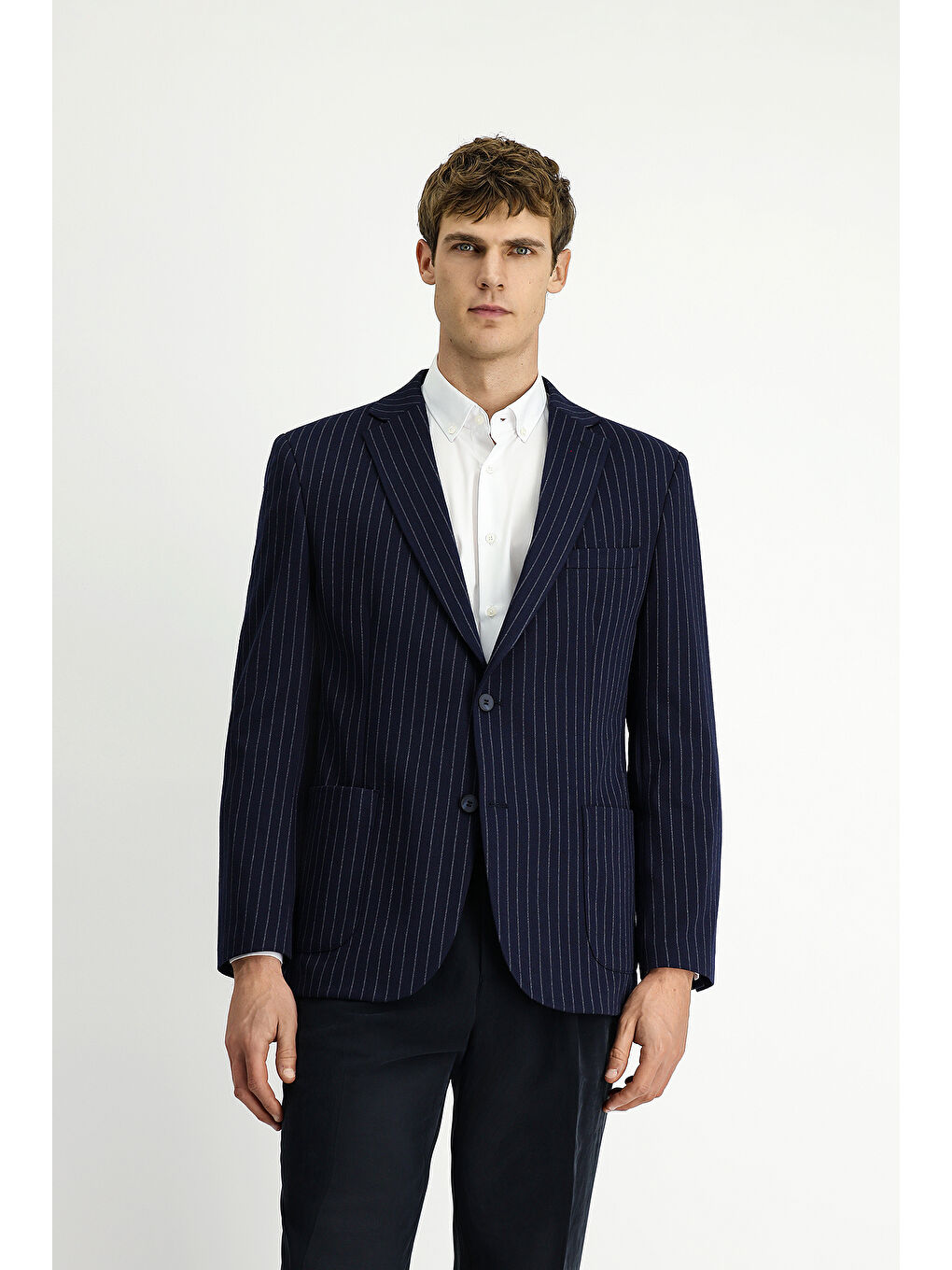 Lacivert Regular Fit Çizgili Örme Kruvaze Ceket-3