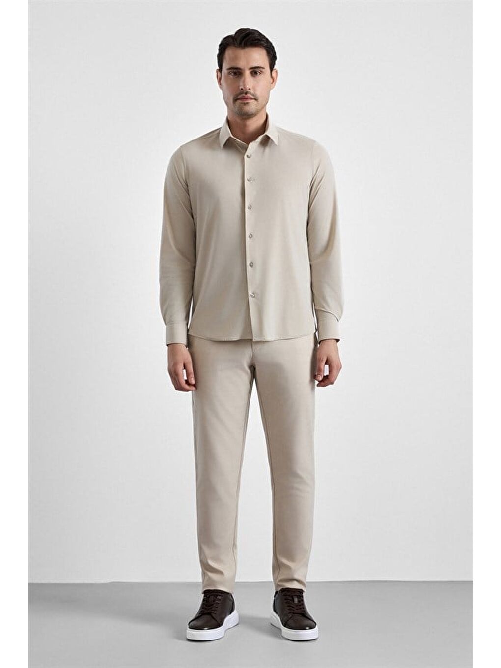 Ekru Slim Klasik Yaka Düz Casual Gömlek-5