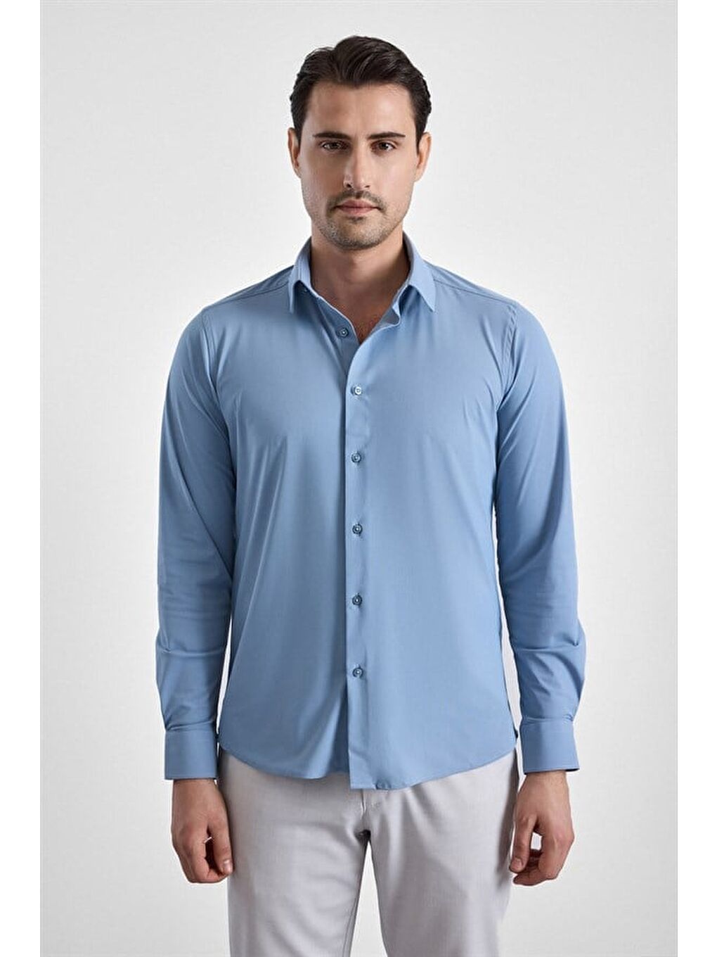 Buz Mavi Slim Klasik Yaka Düz Casual Gömlek