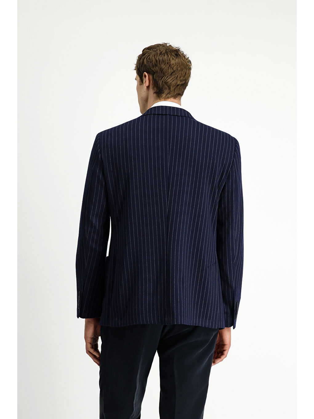 Lacivert Regular Fit Çizgili Örme Kruvaze Ceket-4