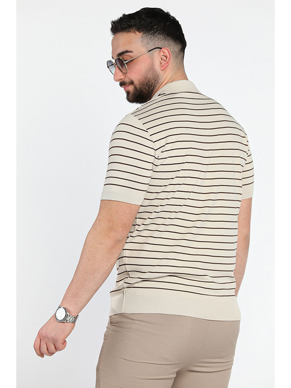 Bej Erkek Polo Yaka Çizgi Desenli Yarım Fermuarlı Triko Tişört-2