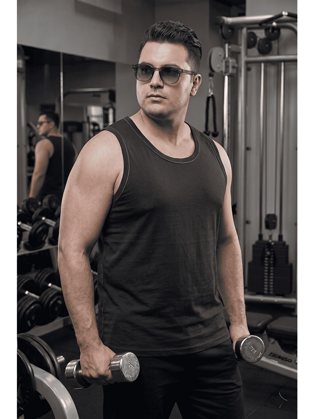 Siyah Büyük Beden Biye Detaylı Bisiklet Yaka Erkek Atlet - Fitness Ve Günlük Stil-1