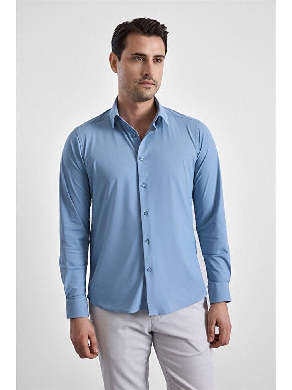 Buz Mavi Slim Klasik Yaka Düz Casual Gömlek-1