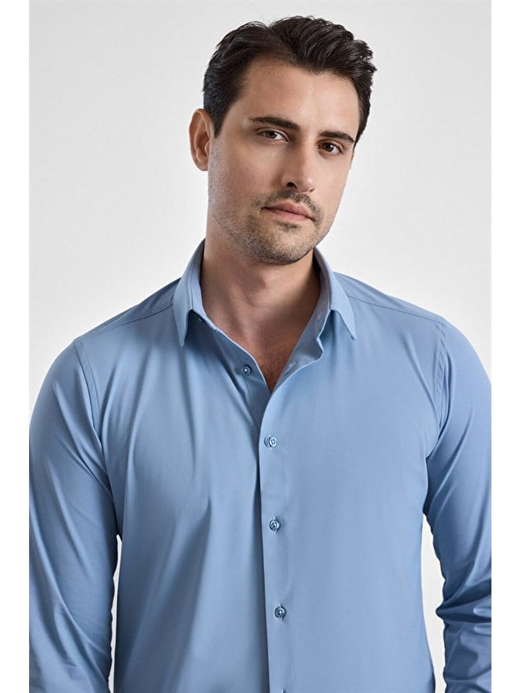 Buz Mavi Slim Klasik Yaka Düz Casual Gömlek-2