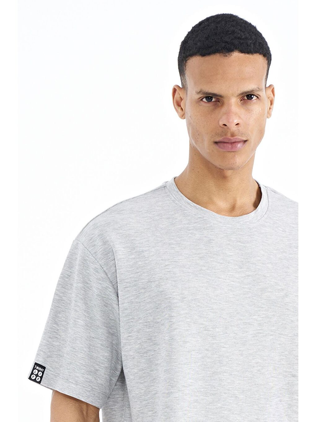 TOMMYLIFE Gri Melanj Kol Arma Detaylı Basic Oversize Erkek T-Shirt - 88193 - 3