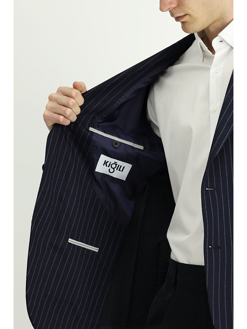 Lacivert Regular Fit Çizgili Örme Kruvaze Ceket-5