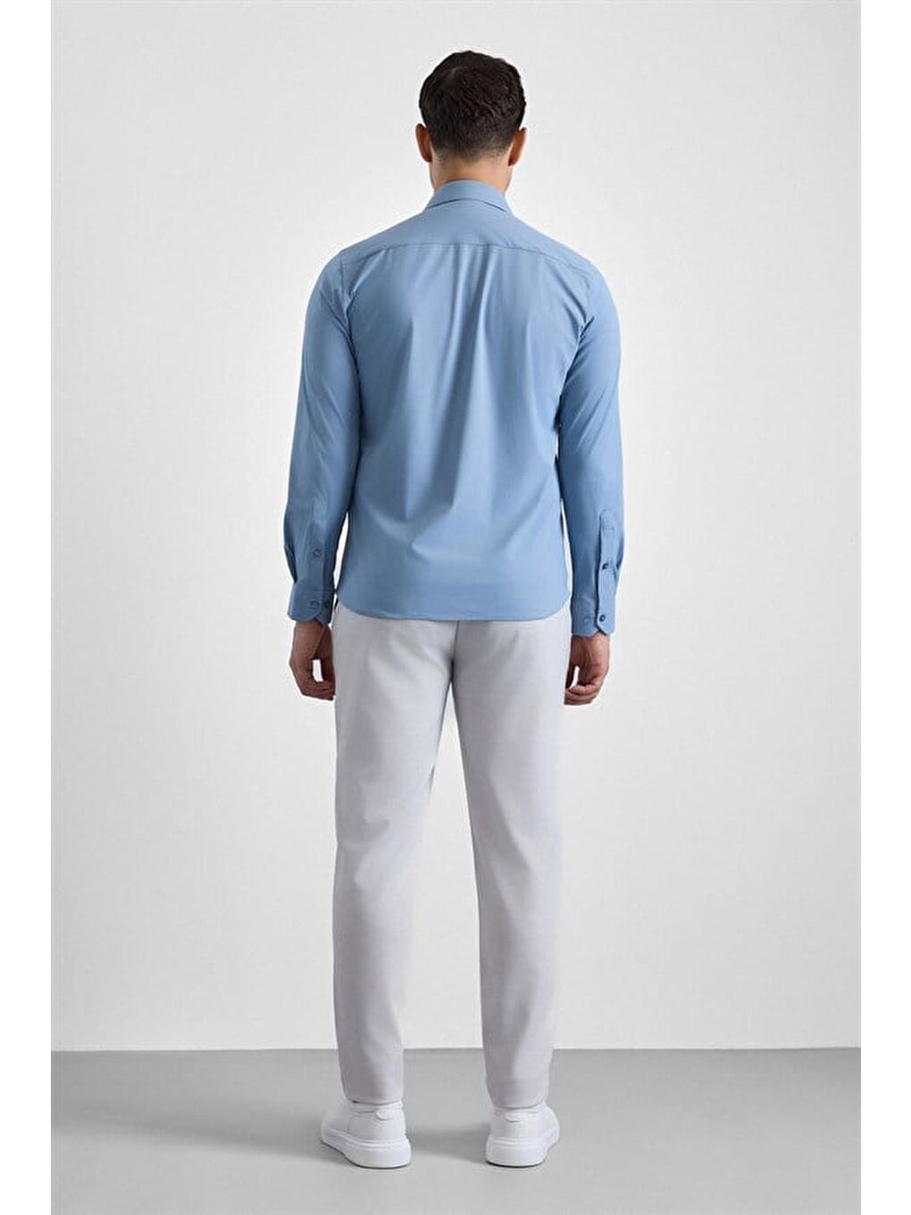 Buz Mavi Slim Klasik Yaka Düz Casual Gömlek-4