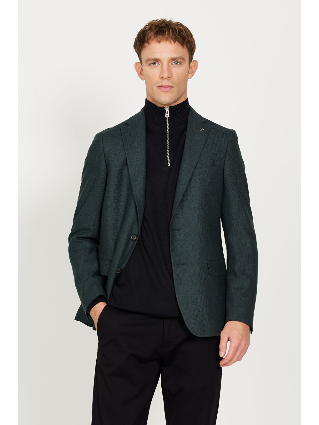 Erkek Yeşil Slim Fit Dar Kesim Mono Yaka Desenli Yünlü Ceket