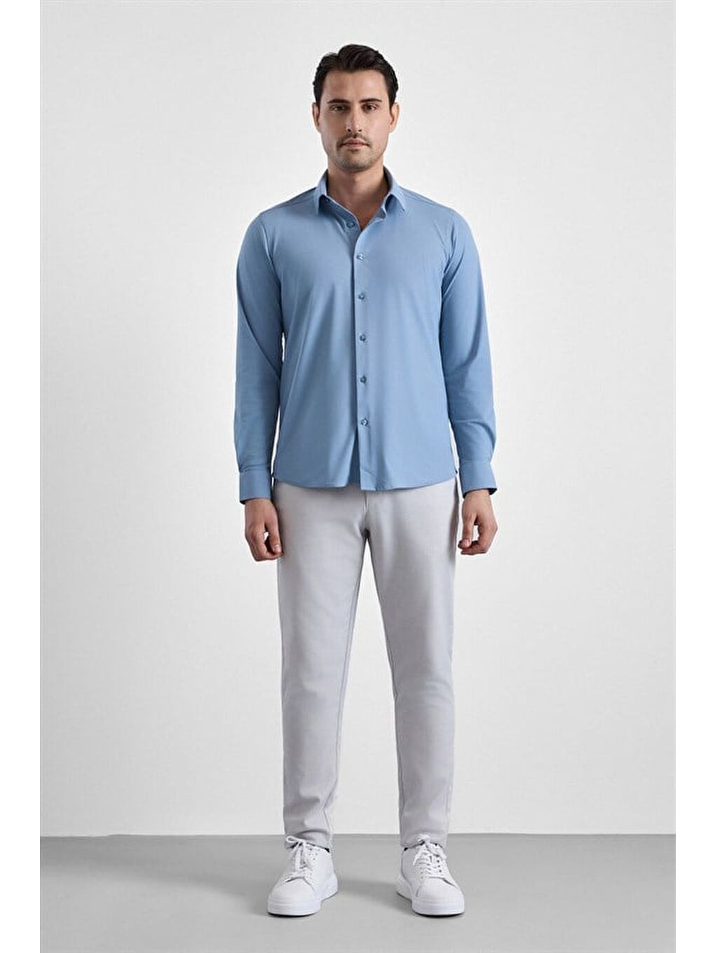 Buz Mavi Slim Klasik Yaka Düz Casual Gömlek-5