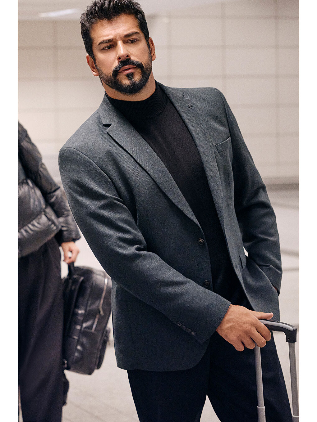 Erkek Yeşil Slim Fit Dar Kesim Mono Yaka Desenli Yünlü Ceket-3