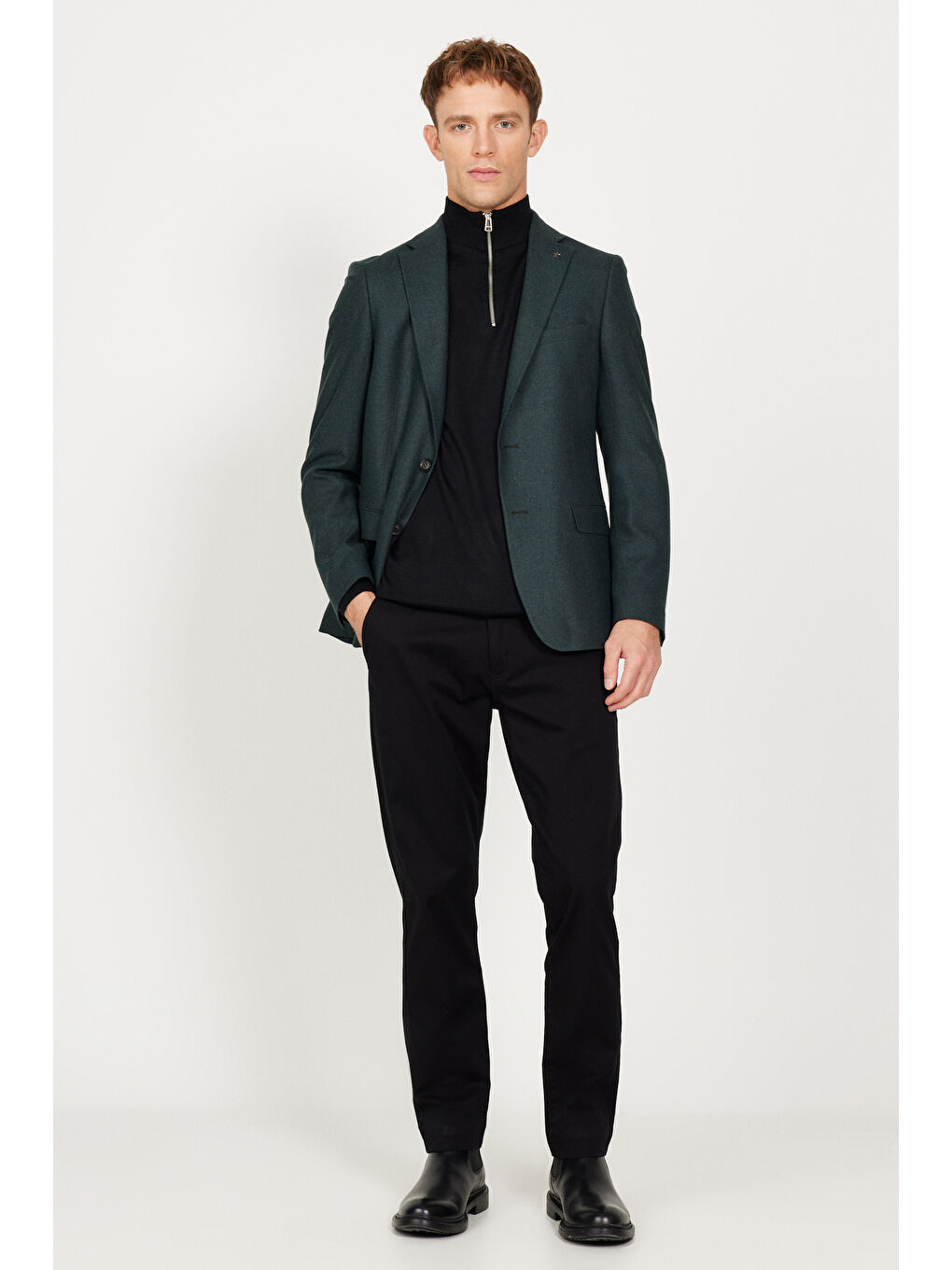 Erkek Yeşil Slim Fit Dar Kesim Mono Yaka Desenli Yünlü Ceket-5